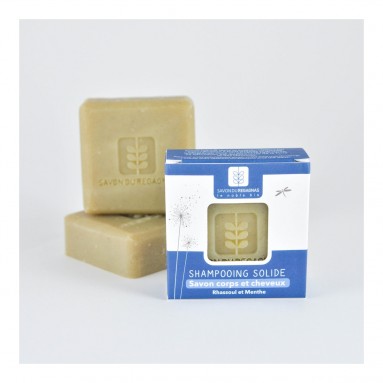 Shampooing solide corps et cheveux Rhassoul et menthe - 100 gr - Savon du Regagnas Shampooing solide corps et cheveux Rhassoul et menthe - 100 gr - Savon du Regagnas